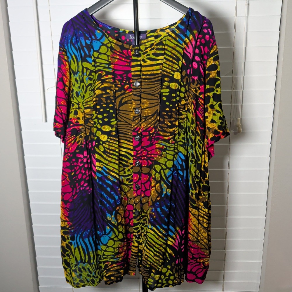 Roaman's Tunic Top Women 20W Multicolor Abstract Animal Print Pintuck Excellent